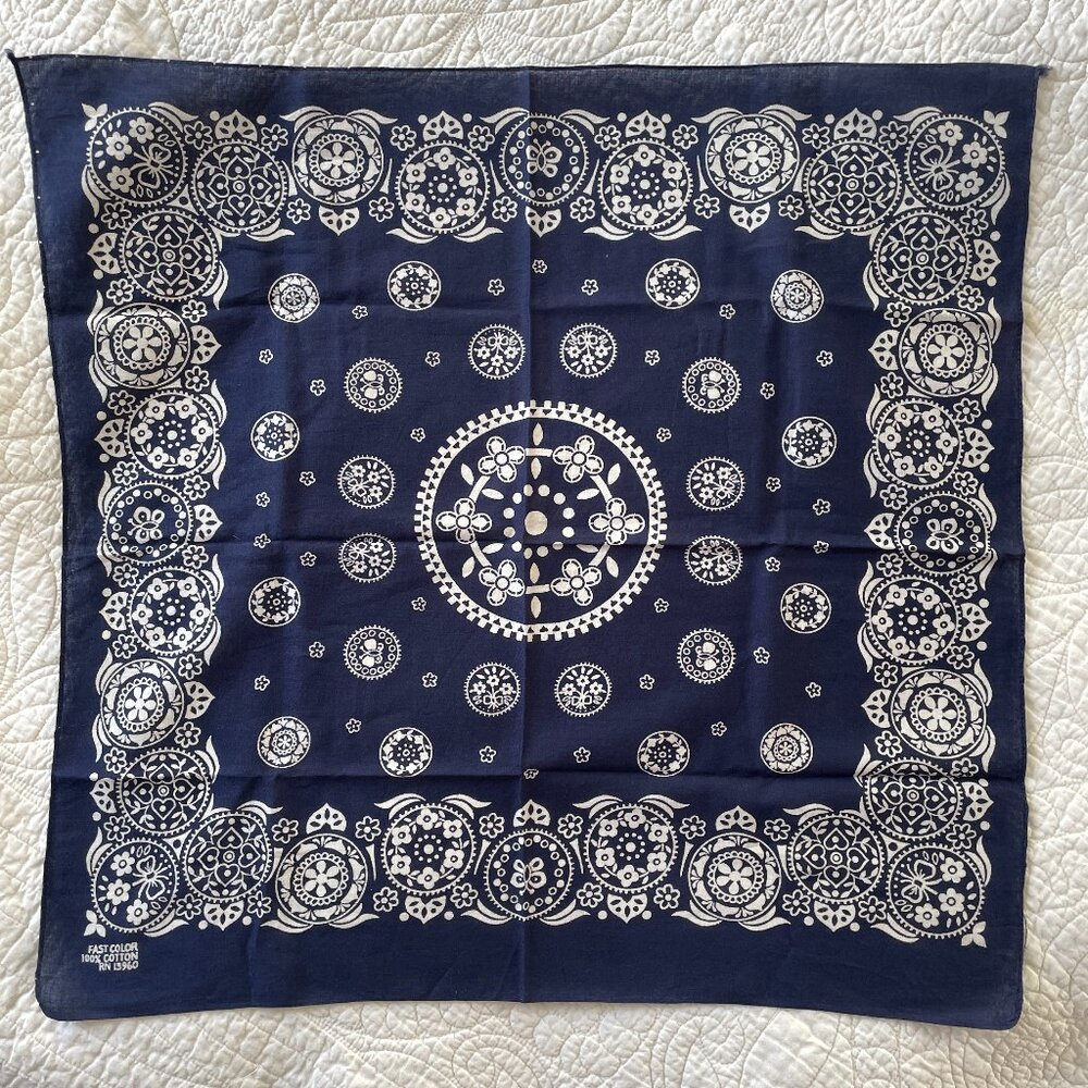 Vintage Blue Fast Color Cotton Bandana Floral Butterfly Pattern